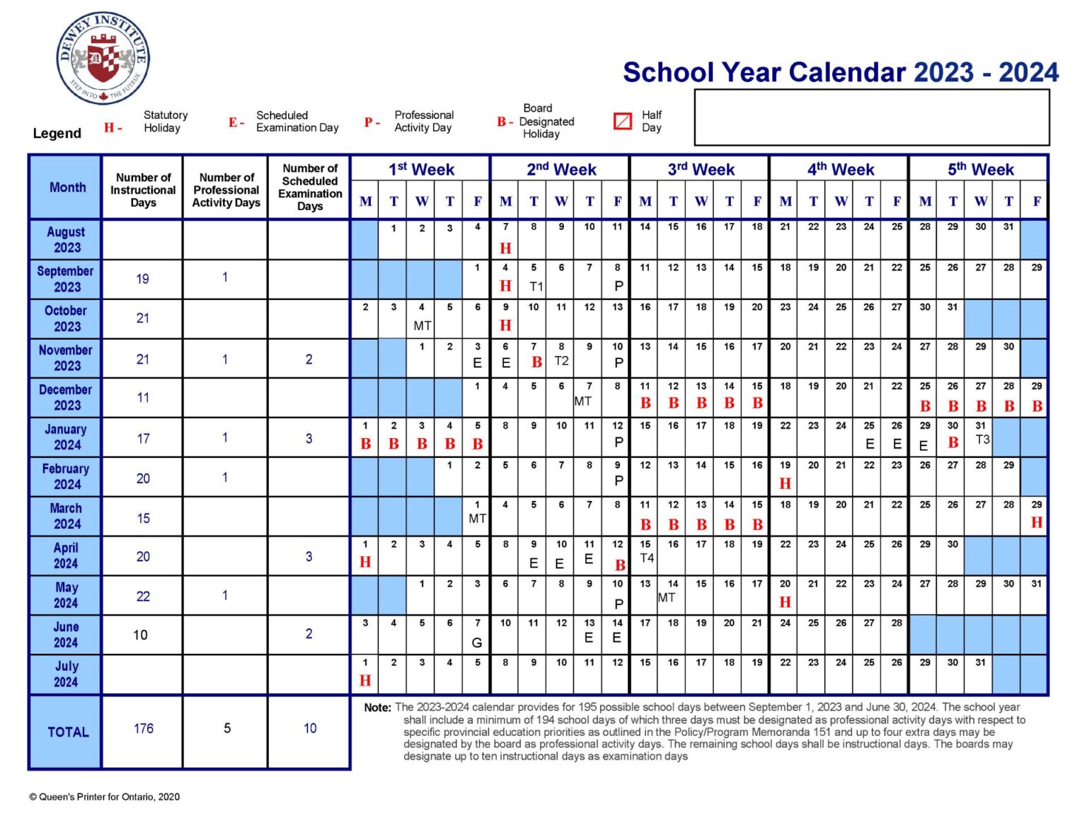 School Yearly Calendar & Timetable Dewey Institute